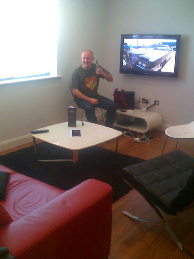 Rob with The Tour Whisky in our swanky pad in Bristol.