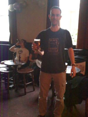 Tom in Leeds drinking AND wearing Black Sheep.